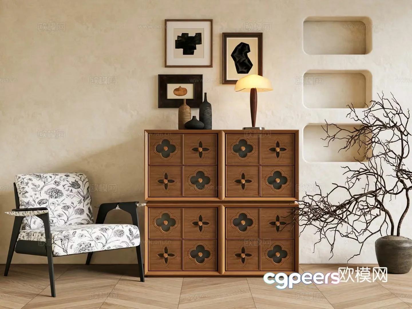 Middle-aged entrance cabinet chest of chest of chest of French casual chair French decorative painting sideboard retro sideboard 3D model