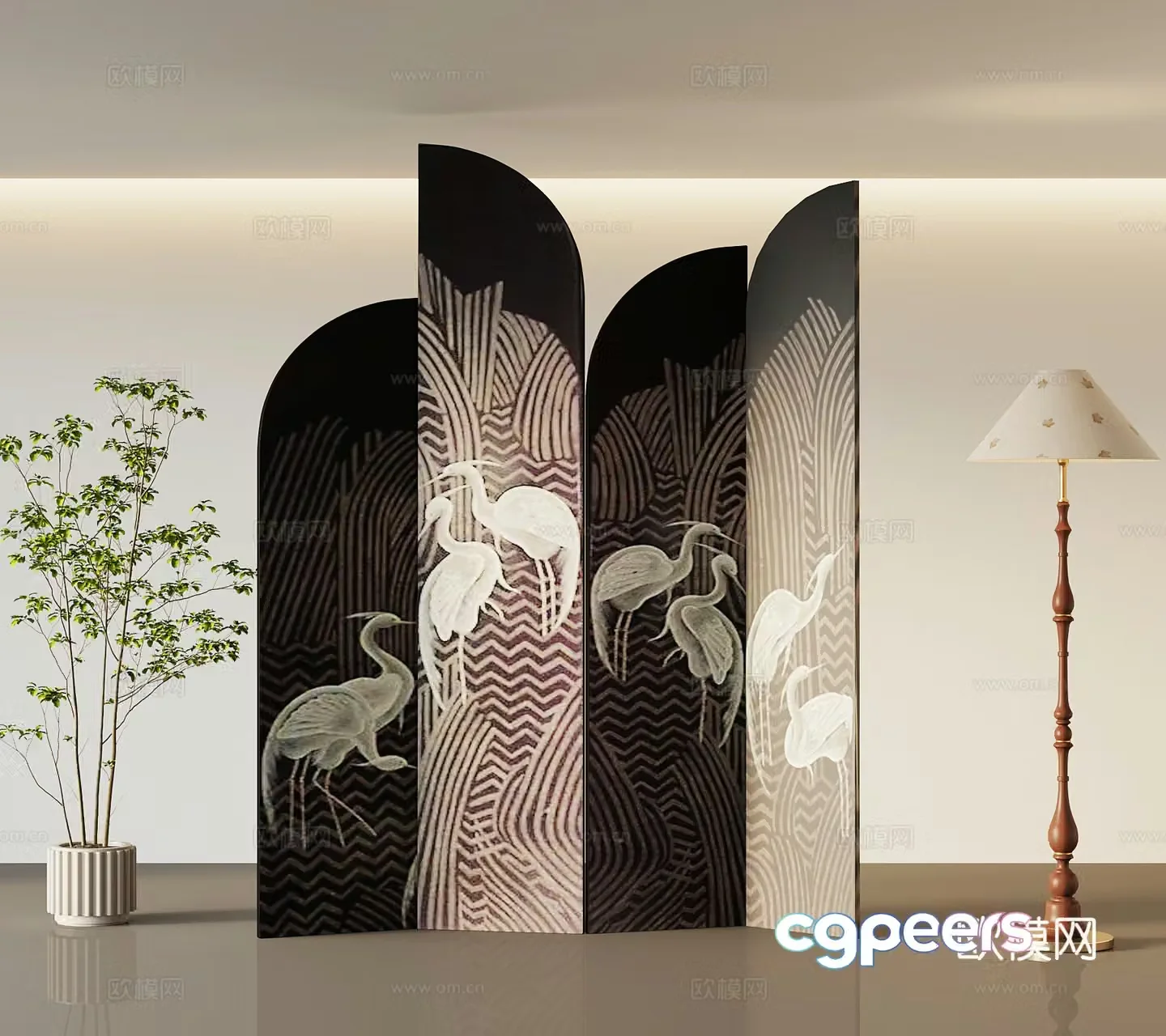 French screen partition green plants floor lamp 3d model