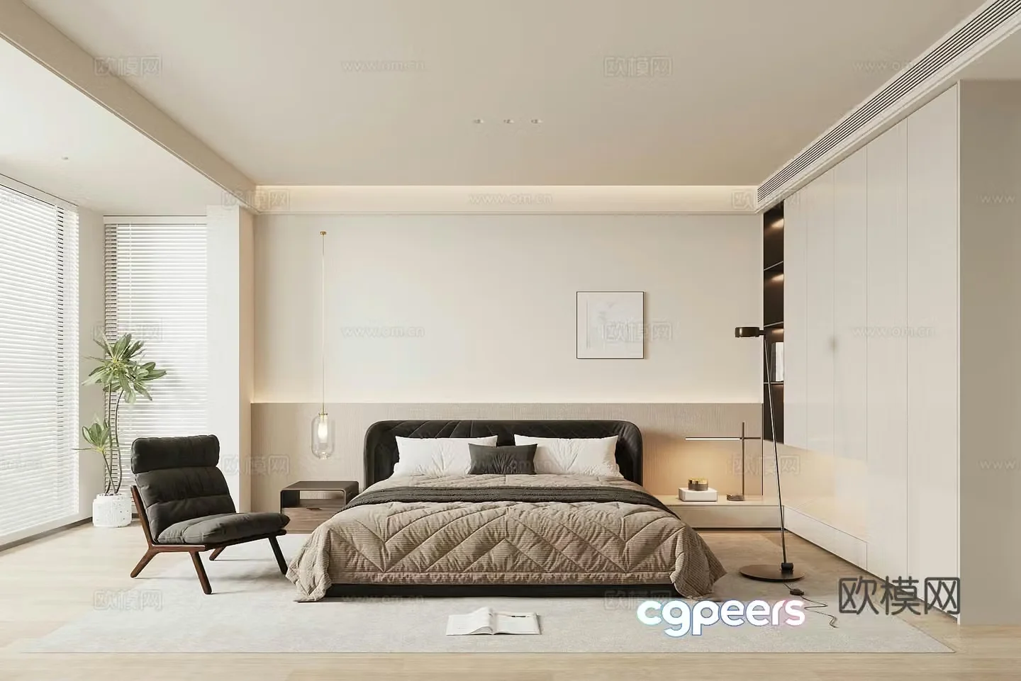 Modern light luxury home bedroom premium gray bedroom master bedroom second bedroom elderly room double bed wardrobe 3d model