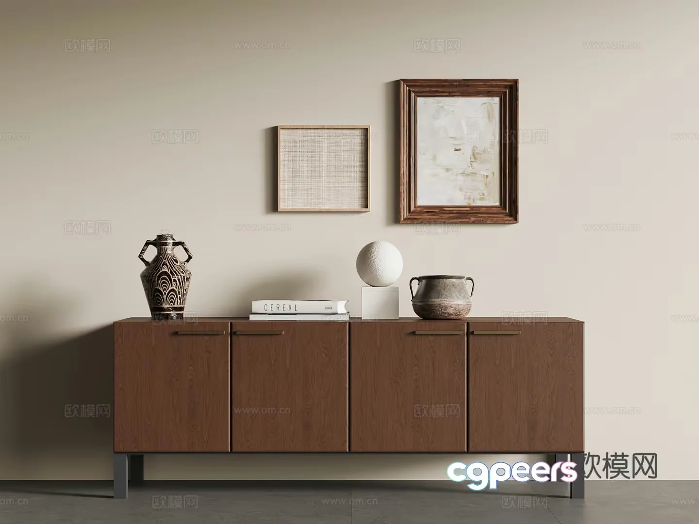 A Brown Cabinet With Various Decorative Items On Top 3D Model – 12208 – VRAY Render
