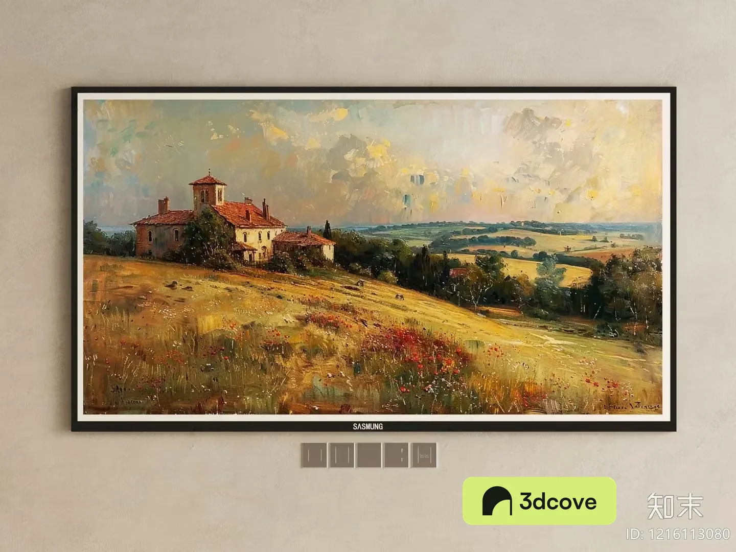 A Painting Of A House In A Field