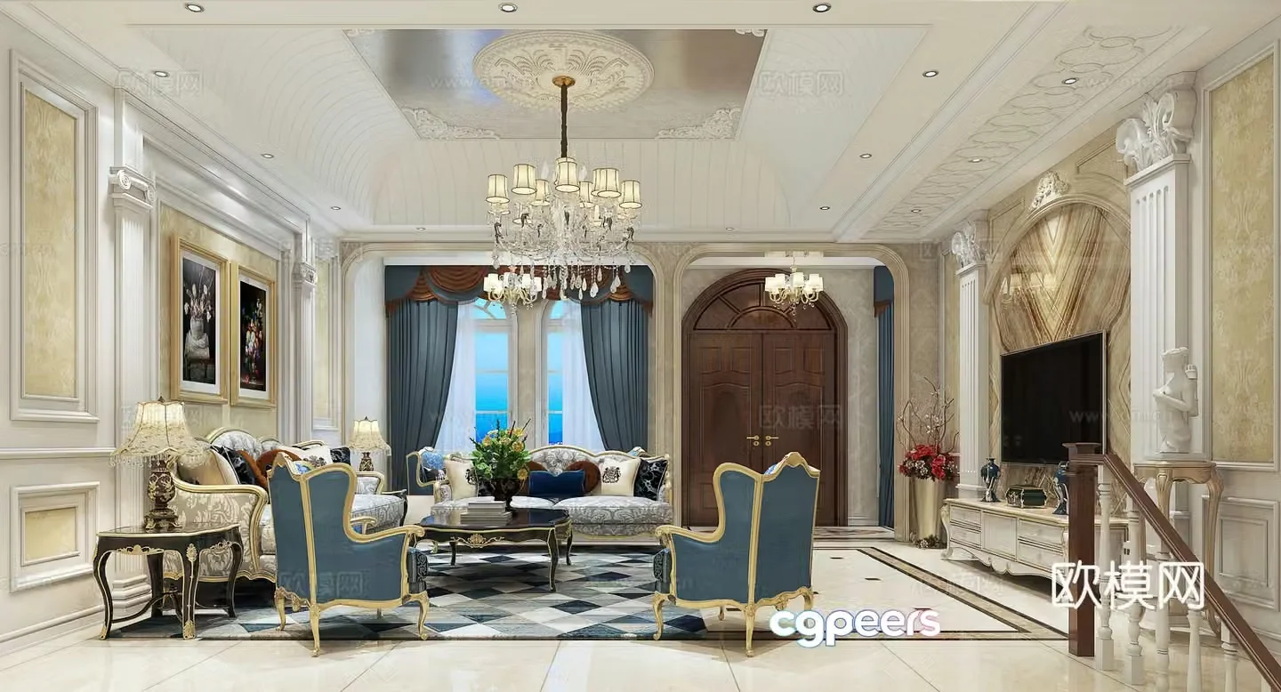 Simple European living room living room sofa coffee table TV cabinet chandeliers decorative painting decoration 3d model
