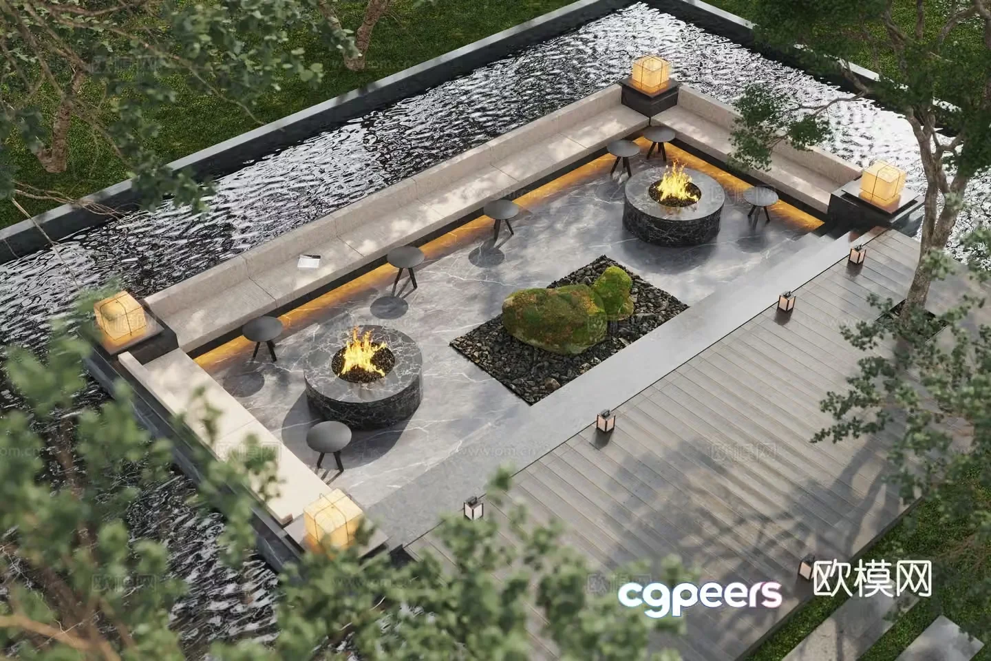 Modern courtyard booth garden water view garden lights 3d model