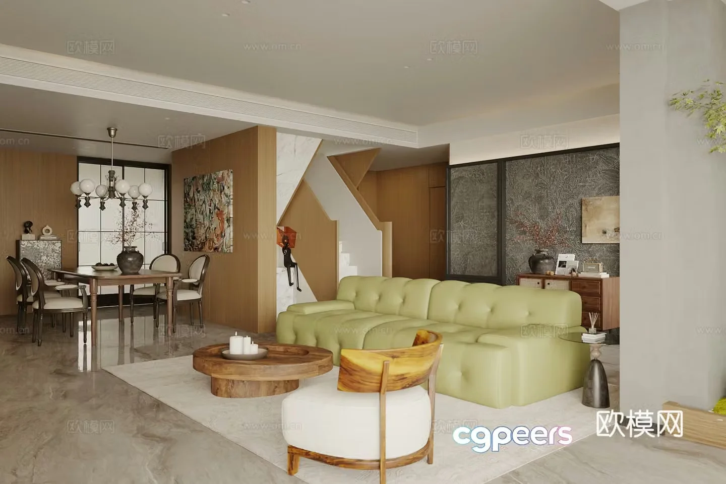 Middle style living restaurant horizontal living restaurant large flat living restaurant sofa and coffee table combination leisure chair 3D model