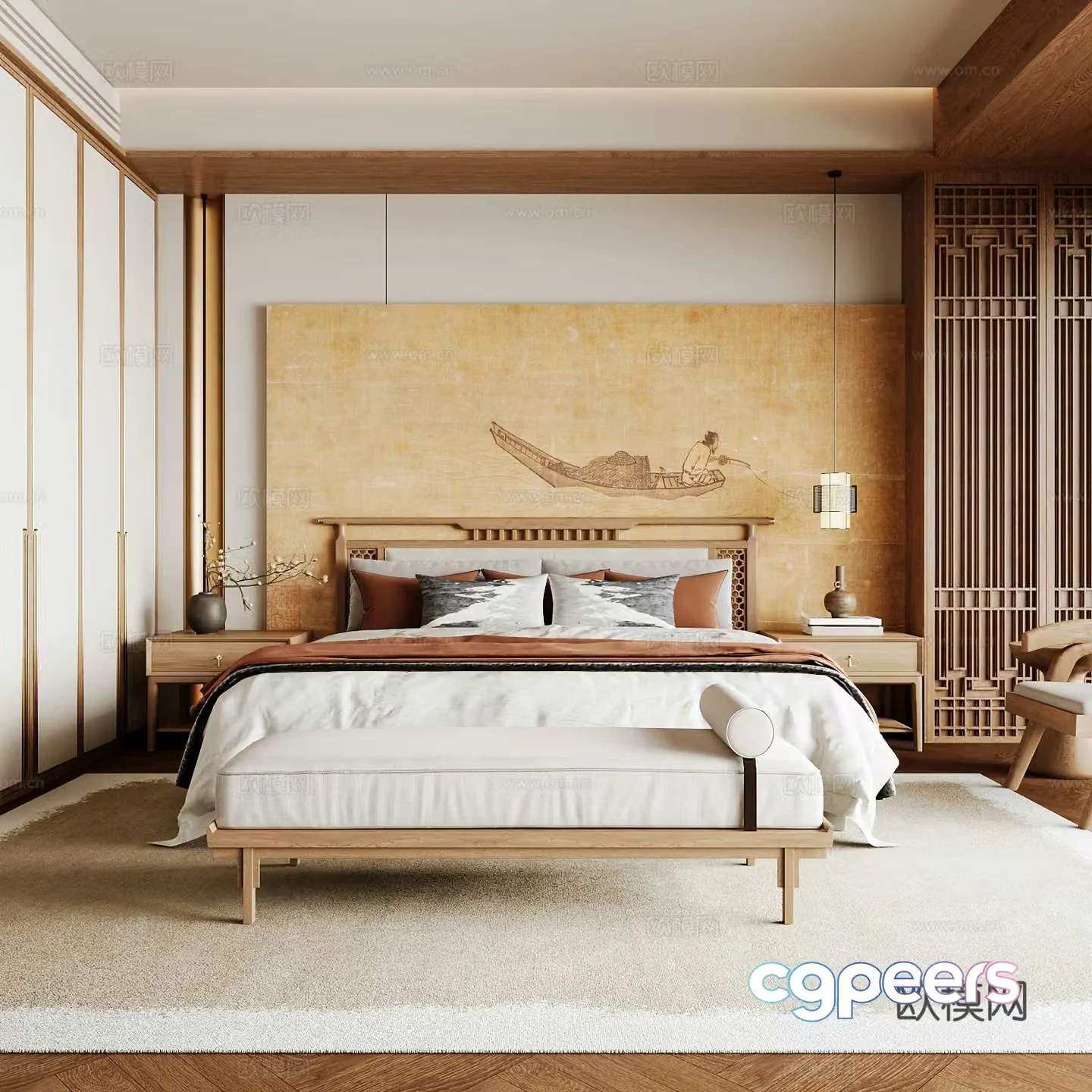 New Chinese style home bedroom Song family aesthetic bedroom Song style bedroom New Chinese style double bed New Chinese 3D model