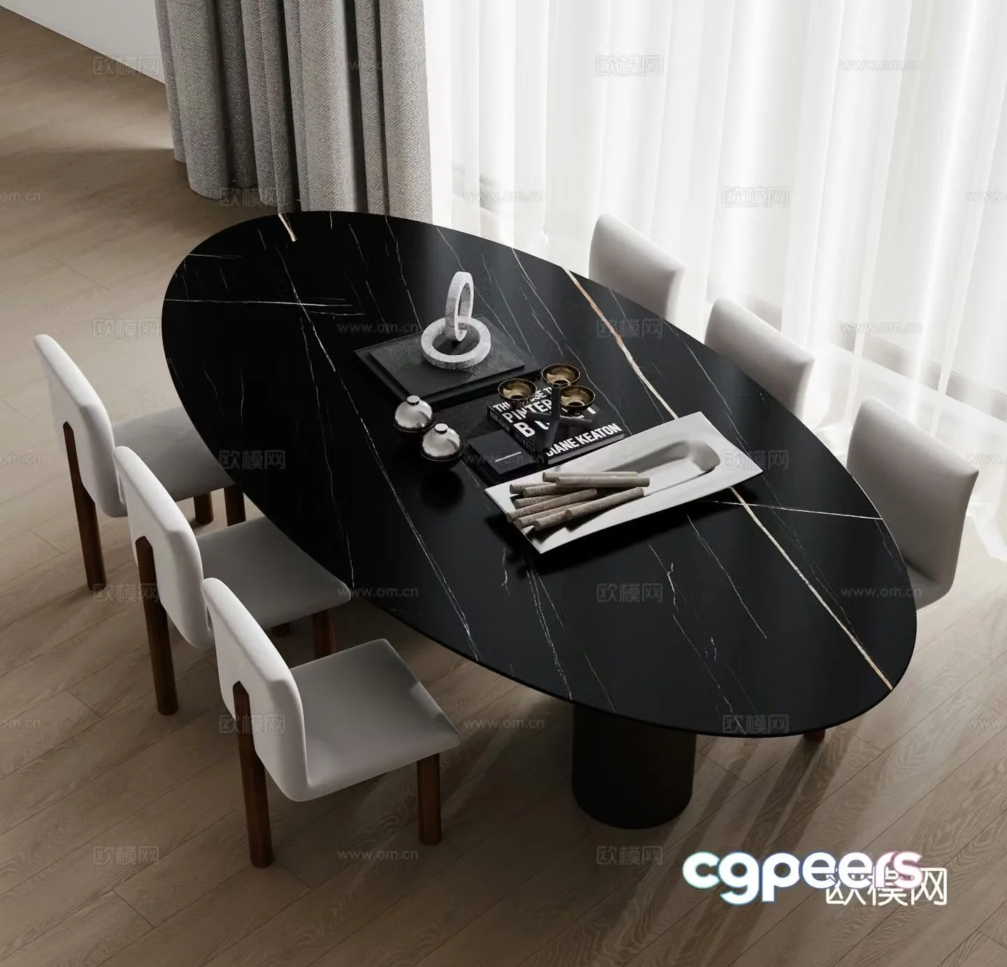 Modern oval dining table and chairs 3d model