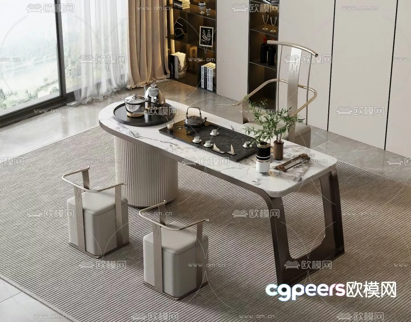 Modern marble tea table and chairs 3d model
