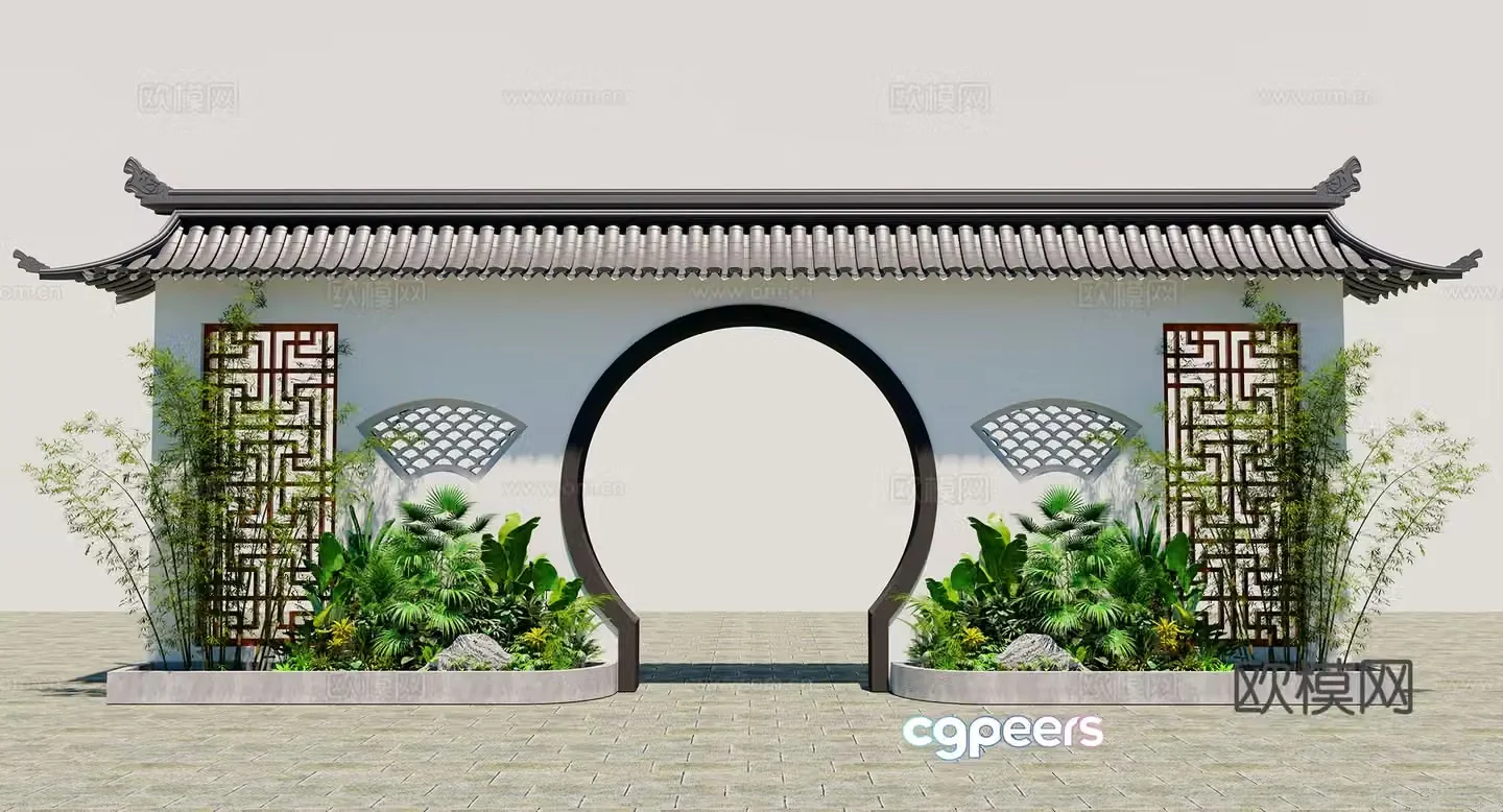 Chinese style ancient building door head Moon cave wall 3D model