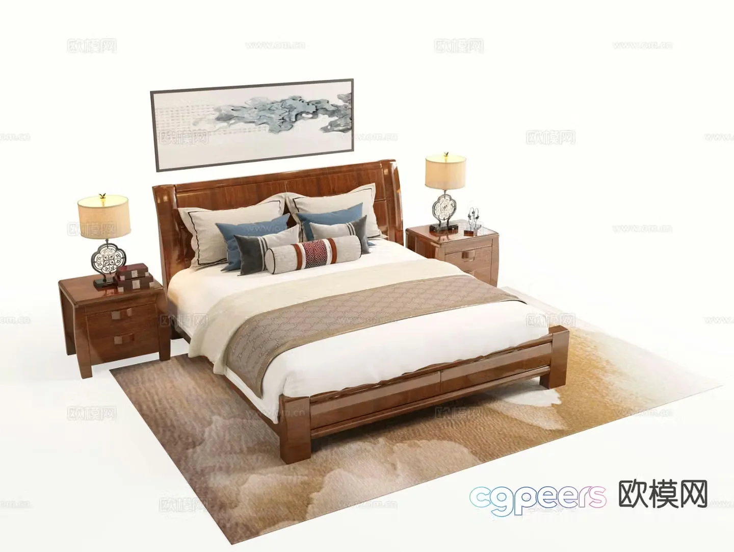 Chinese double bed solid wood double bed 3d model
