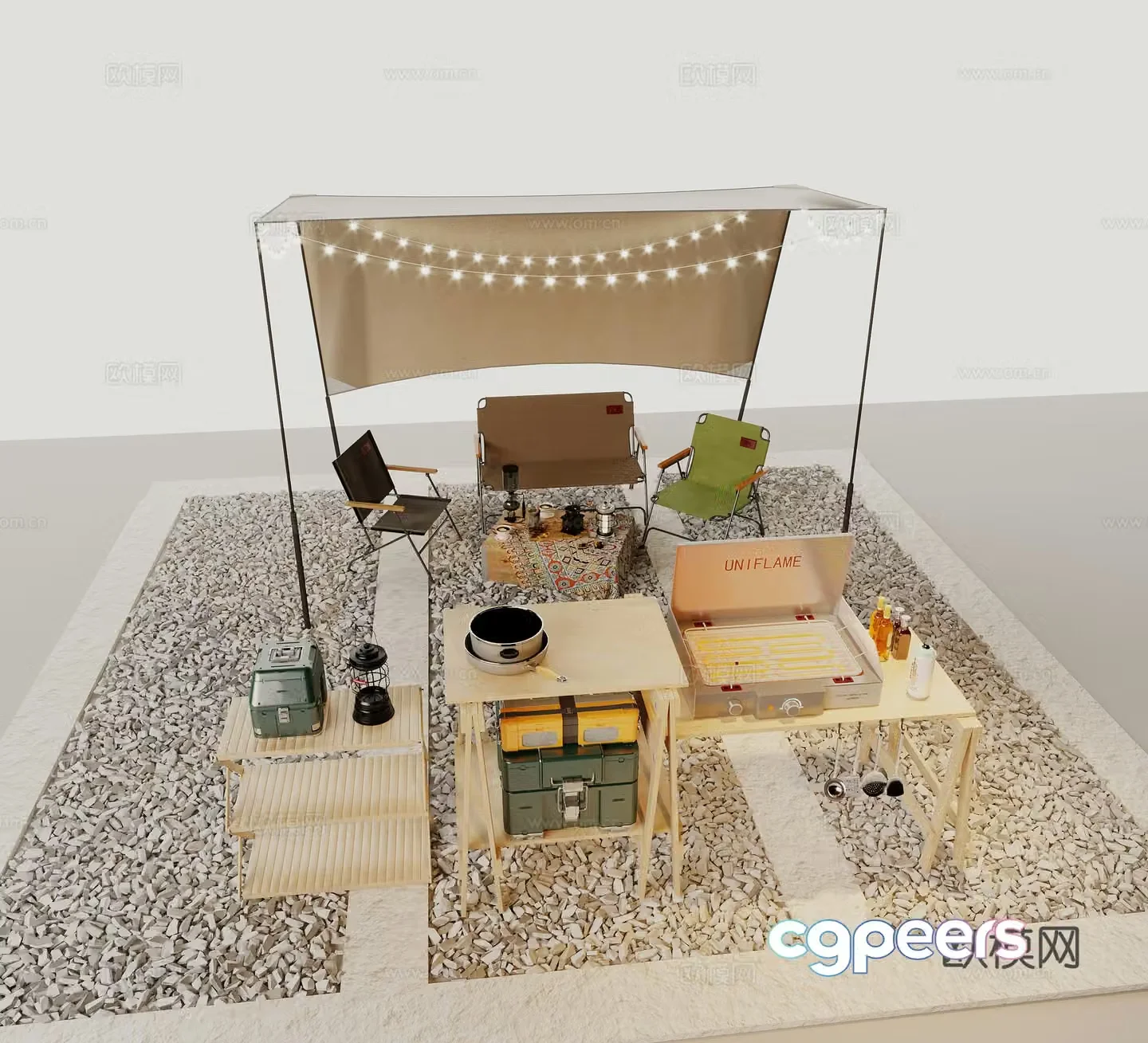 Modern outdoor sportswear shop window Wood pile tent Camping equipment Gravel Grill 3d model
