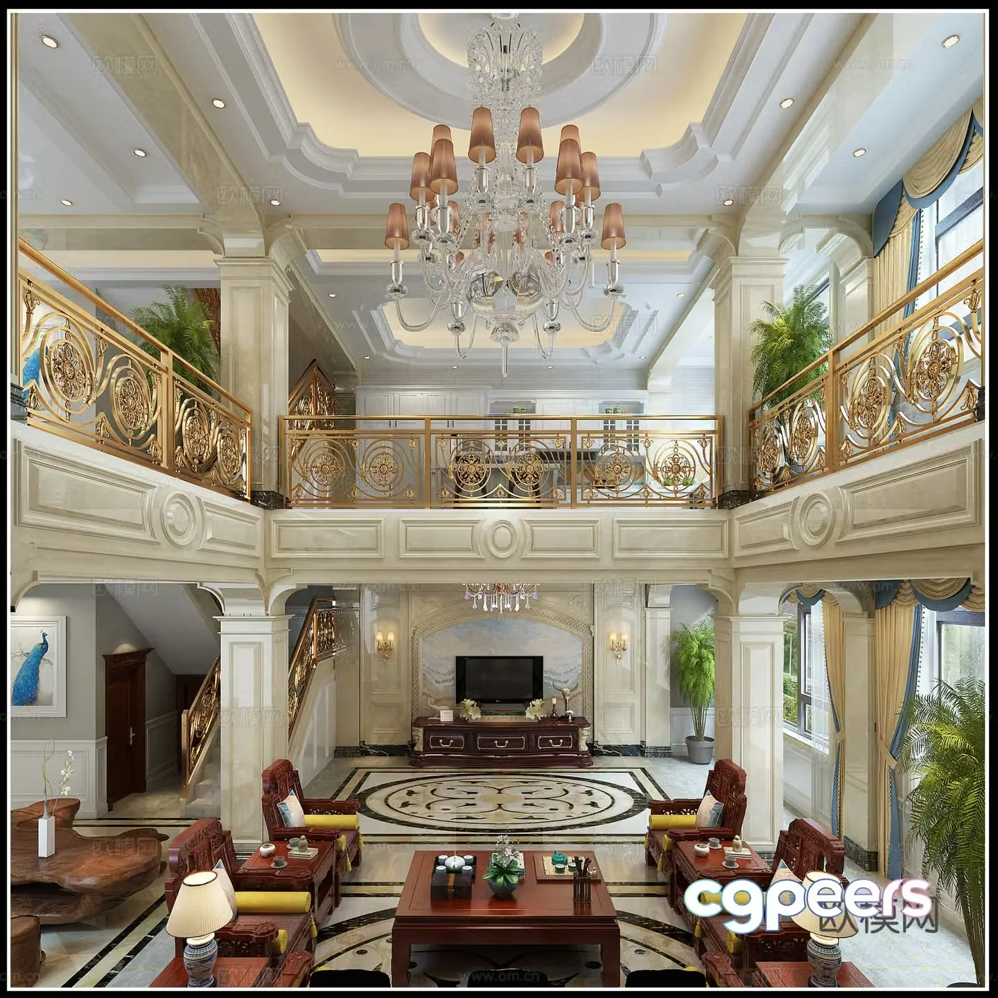 European style hollow living room chandelier sofa coffee table 3d model