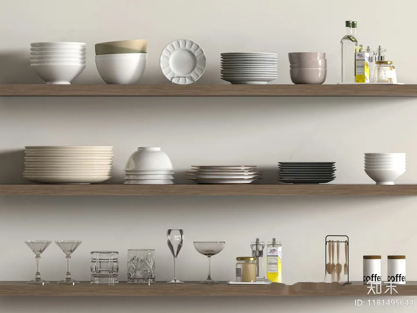 Three-Tiered Wooden Shelf With Dishes And Glasses 3D Model – 20705 – VRAY Render