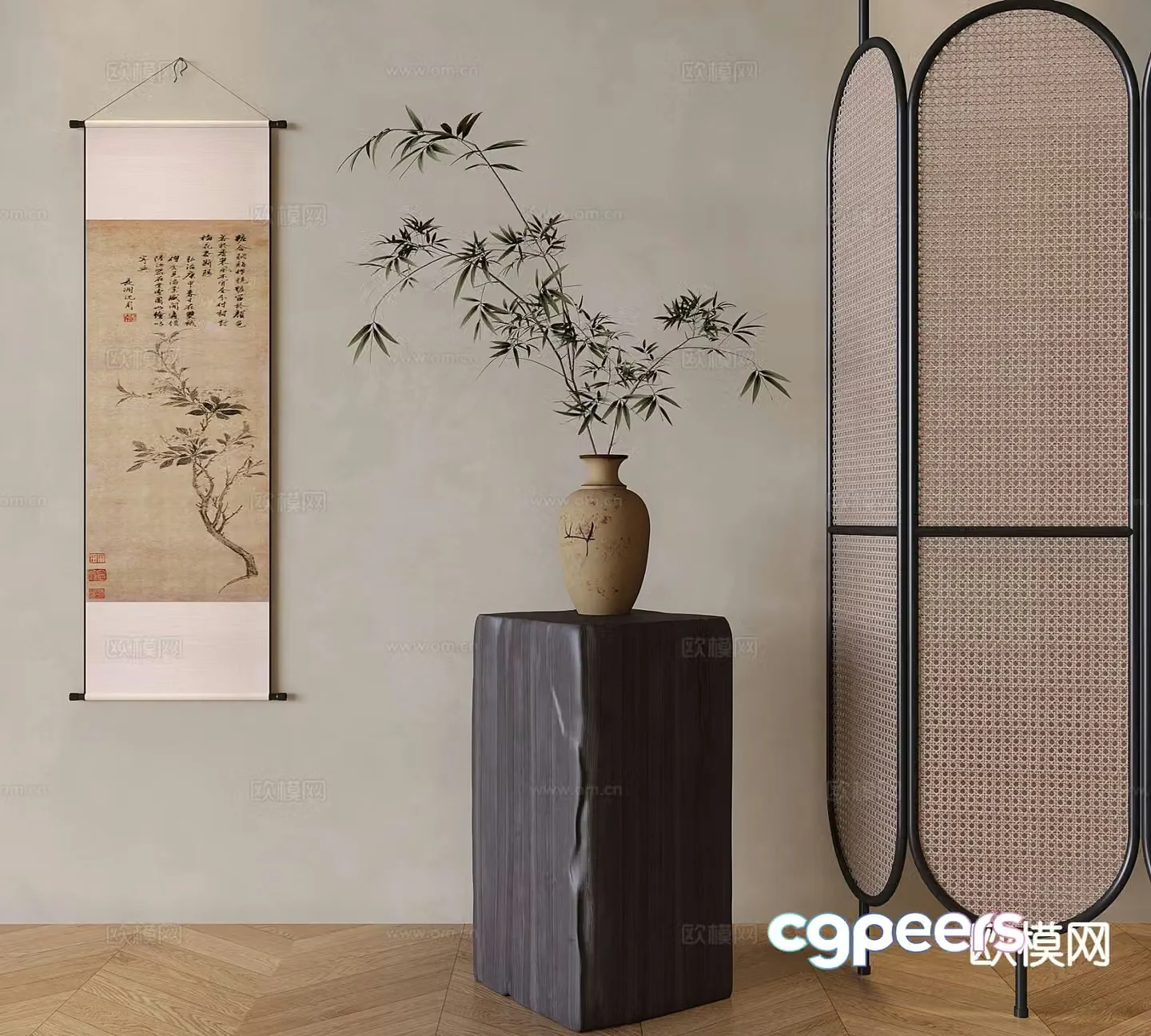 Chinese iron rattan screen Zen ceramic vase 3D model