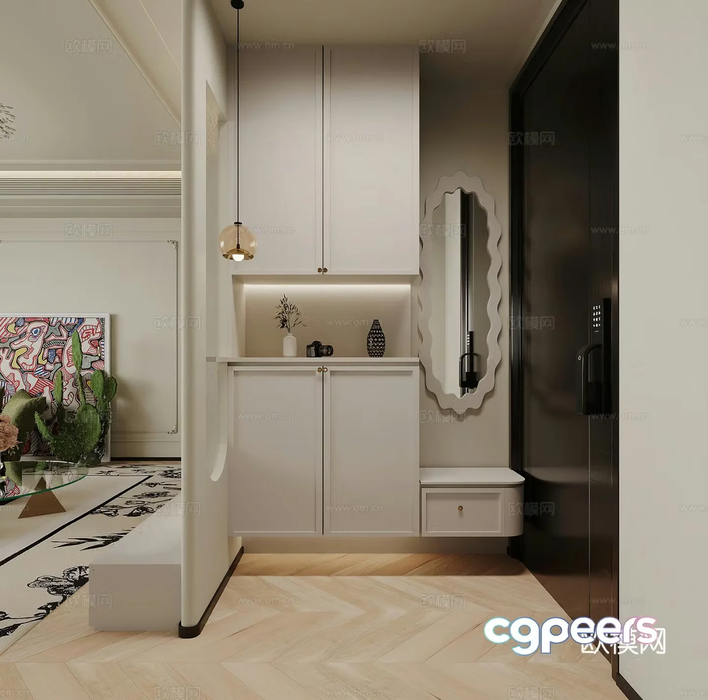 French shoe cabinet modern shoe cabinet full-body mirror cream style shoe cabinet entrance door simple cream 3d model