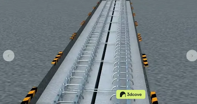 A Long Metal Bridge With A Railing And Yellow And Black Stripes