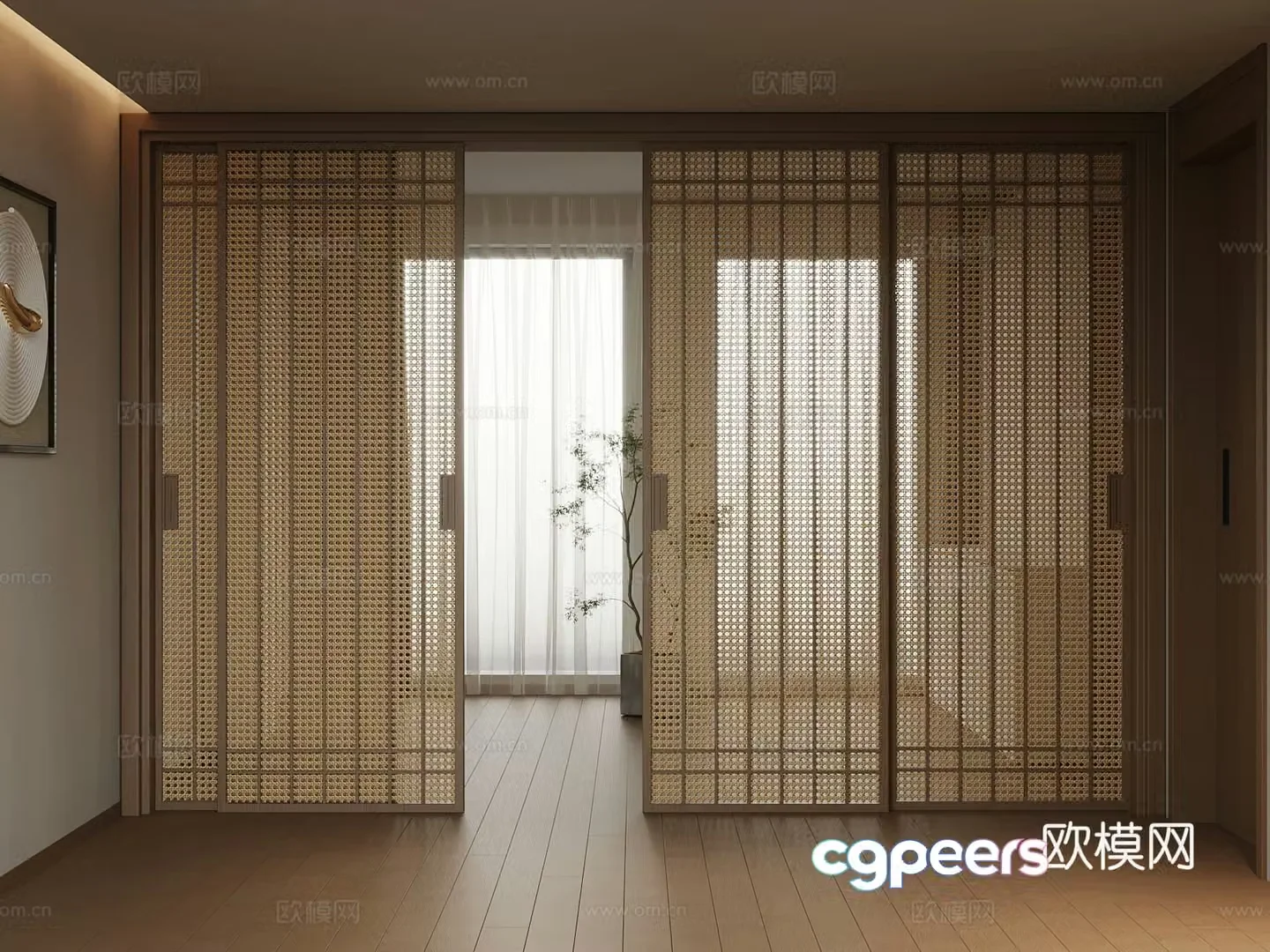 Modern solid wood sliding door green plant 3d model