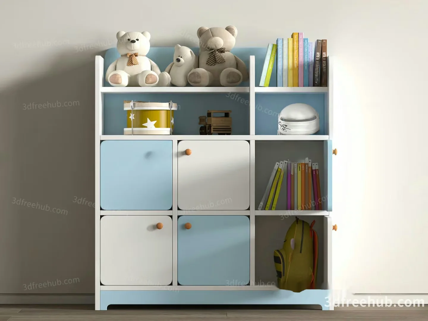 White And Blue Bookshelf 3D Model – 18751 – VRAY Render