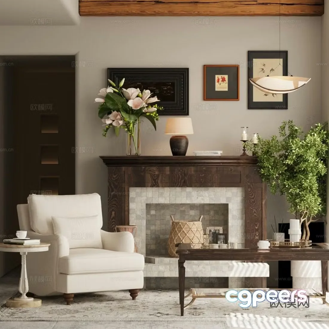 Middle-aged leisure chair fireplace solid wood coffee table floral ornaments 3D model