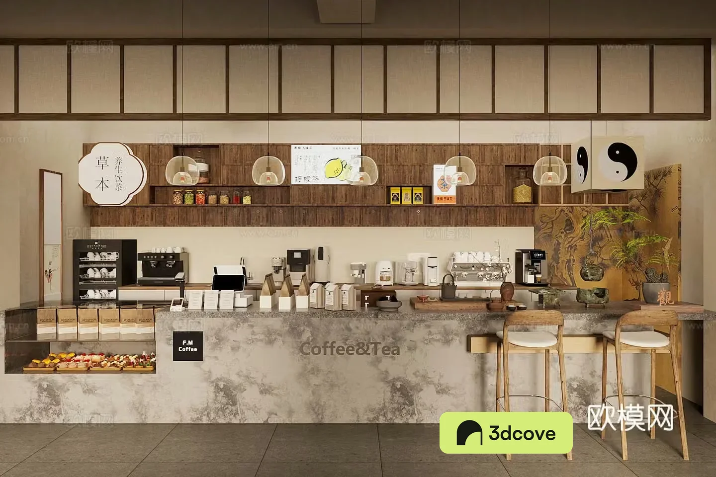 New Chinese style teahouse New Chinese style medieval teahouse Tea room workbench operation table Coffee milk tea shop water bar