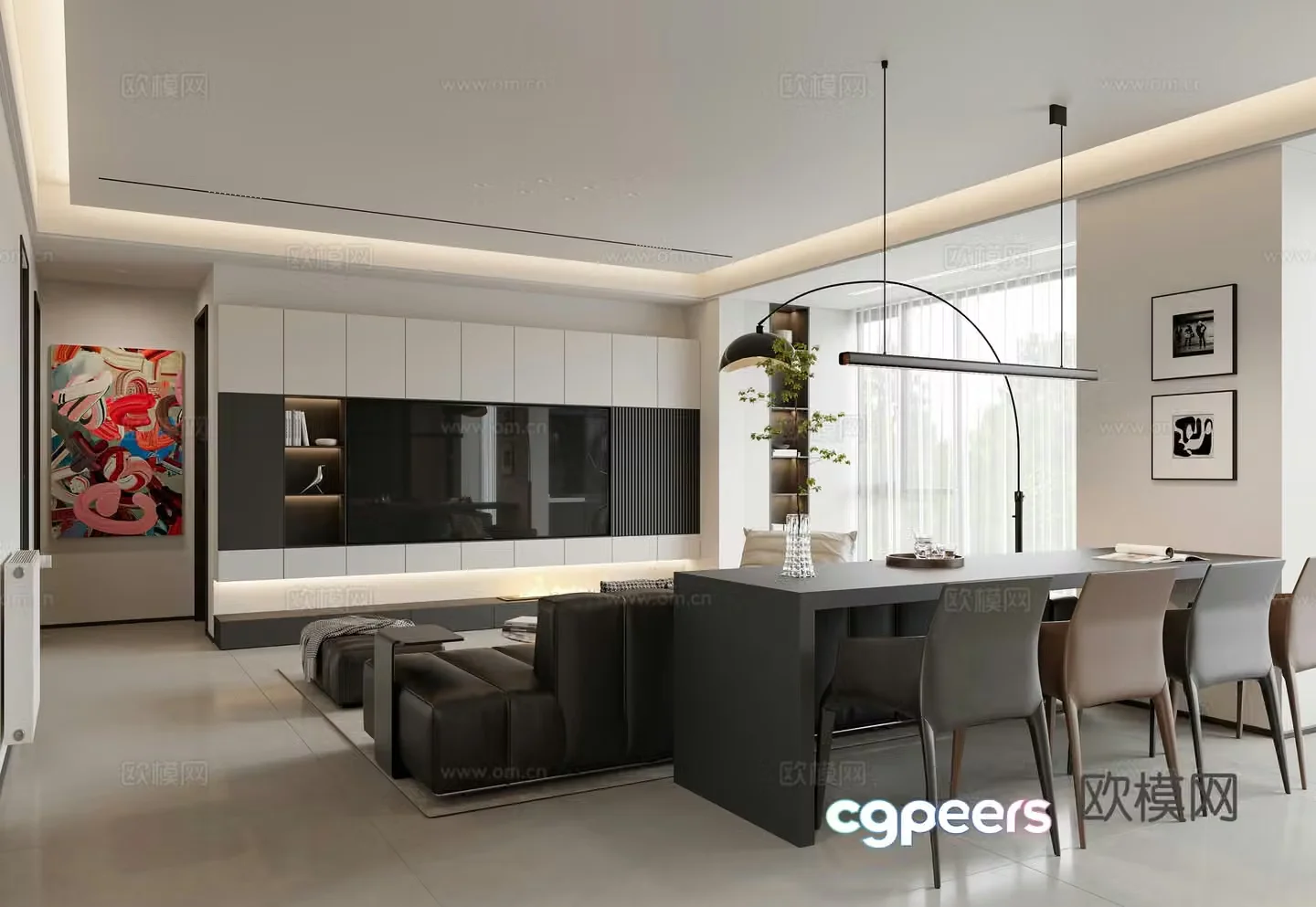 Modern living and dining room 3d model