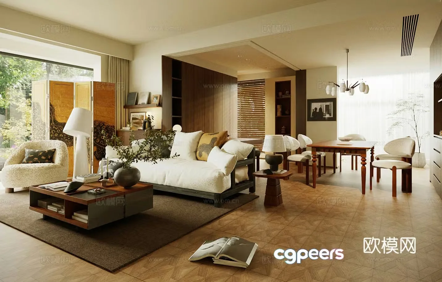 Middle style living room large flat floor horizontal hall 3D model