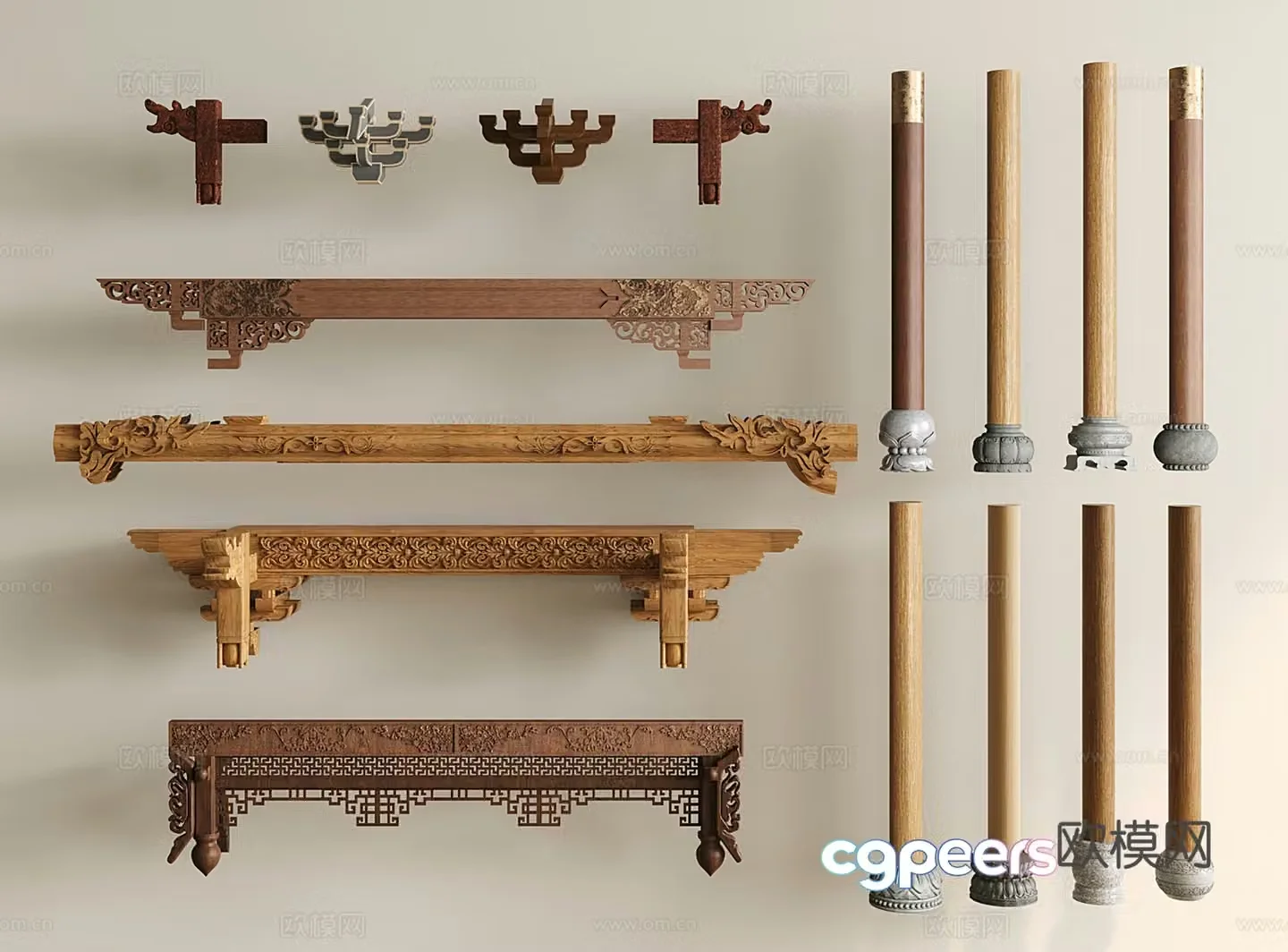 New Chinese columns door columns column foundation stones Chinese painted wooden beams cross beams Chinese architectural components 3D model