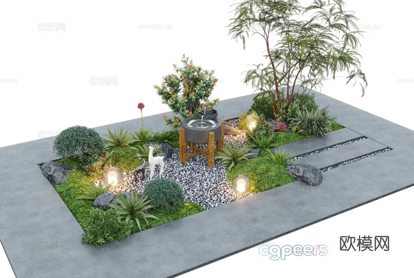 Modern courtyard landscape sketch Landscape plants Bruce plants Outdoor lamp Water bowl 3D model