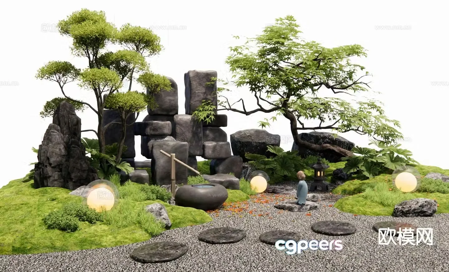 Courtyard landscape rockery stones flowing water bowl 3D model
