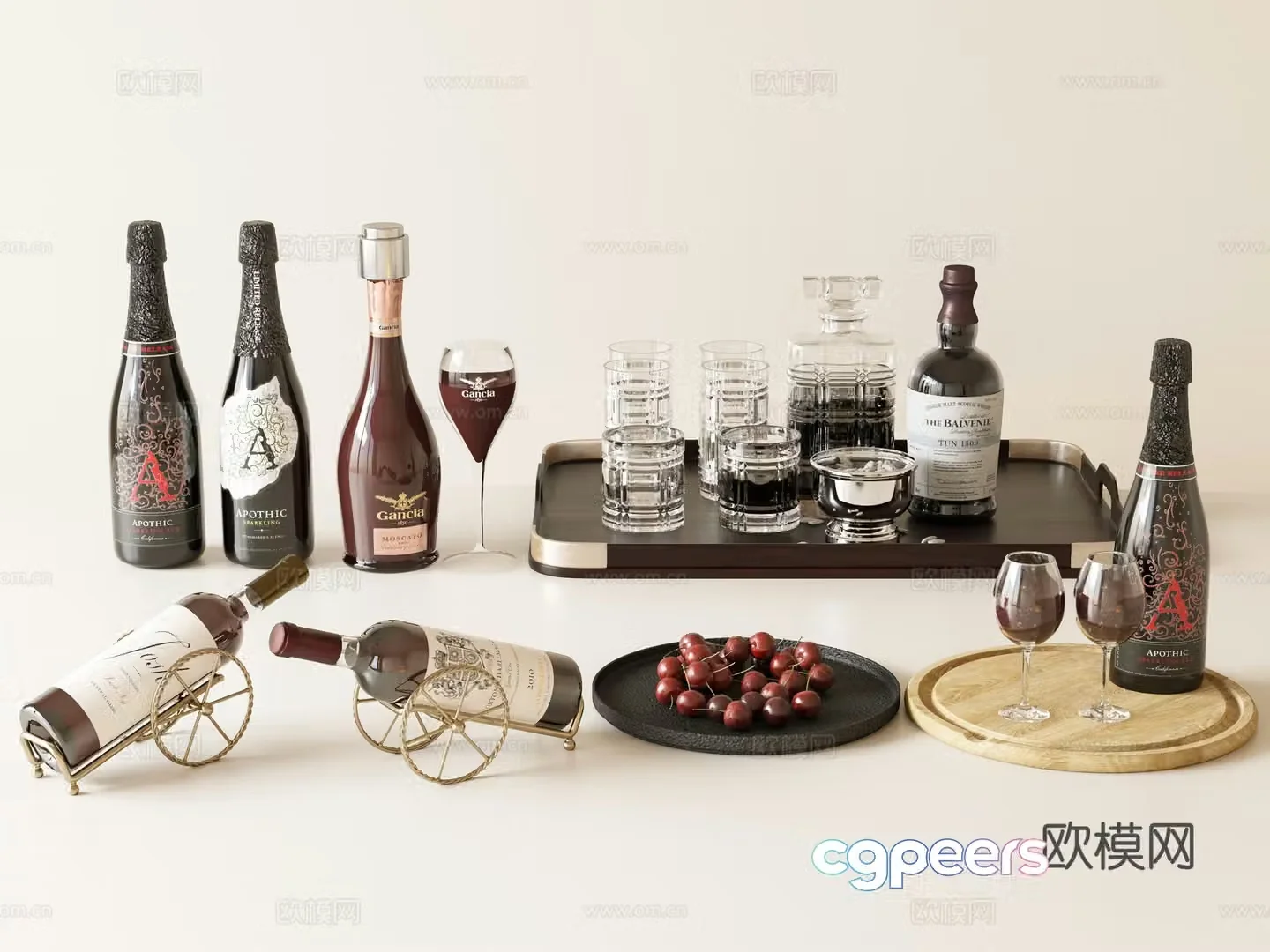 Red wine tray liquor wine wine bottle 3D model