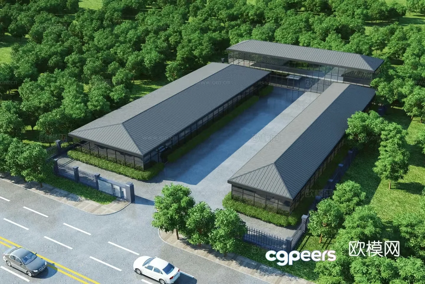 Aerial view 3d model of modern factory building