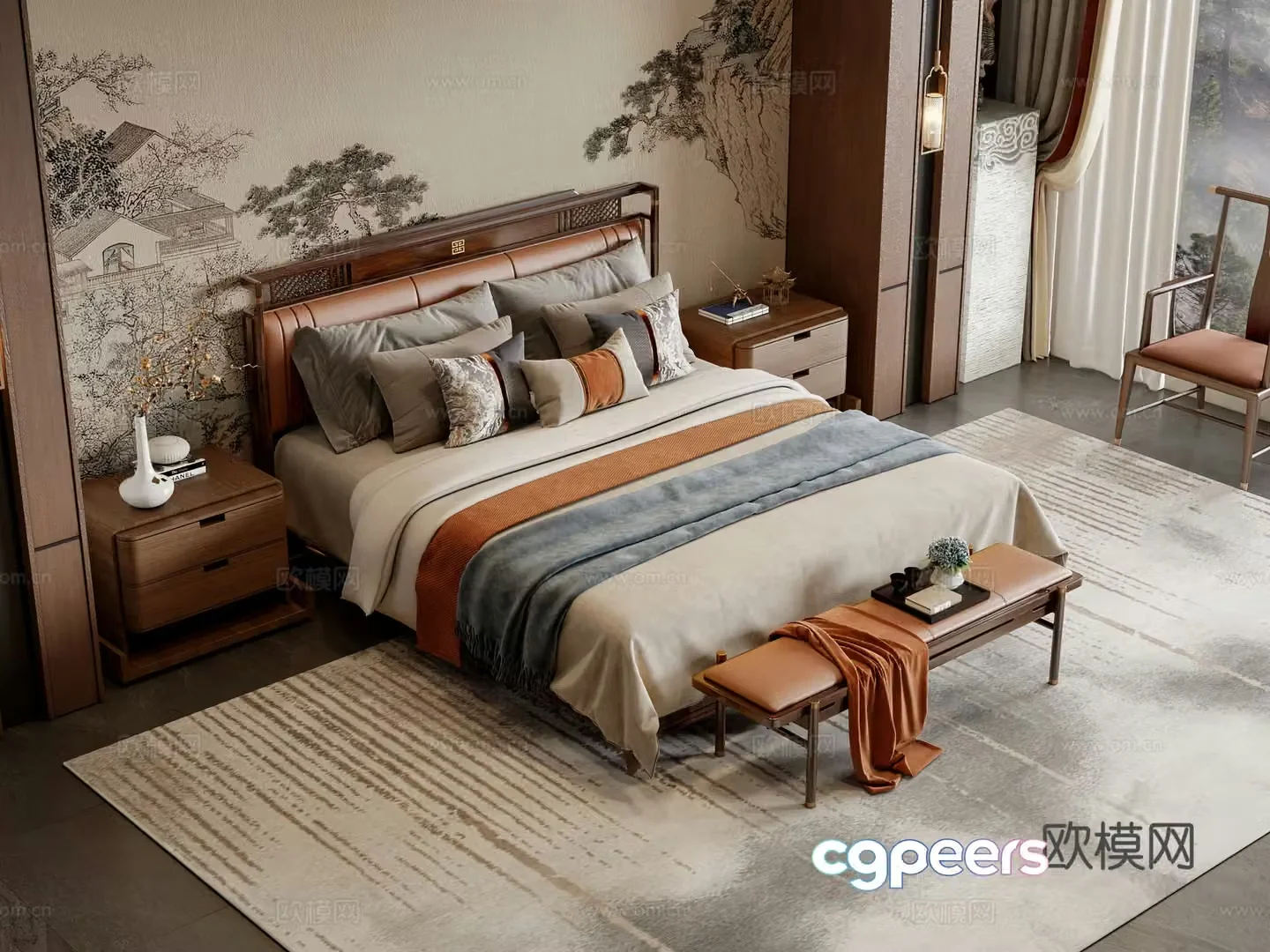 New Chinese style double bed 3D model