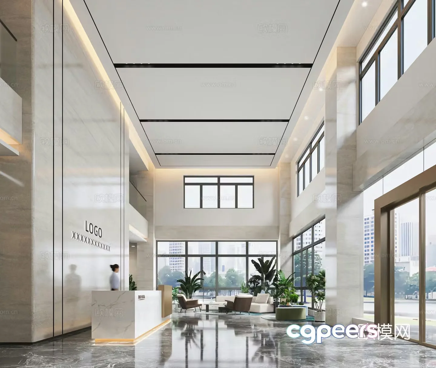 Modern office lobby reception and lounge area 3D model