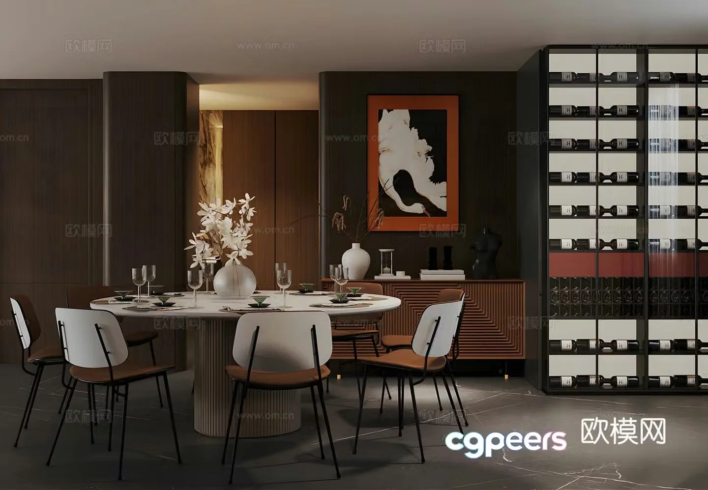 Italian light luxury home restaurant Marble oval dining table Kitchen restaurant Round table restaurant Red wine cabinet 3D model