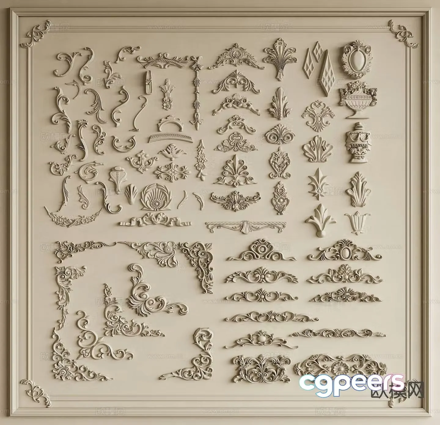 French carved components corner flowers top flowers 3D model