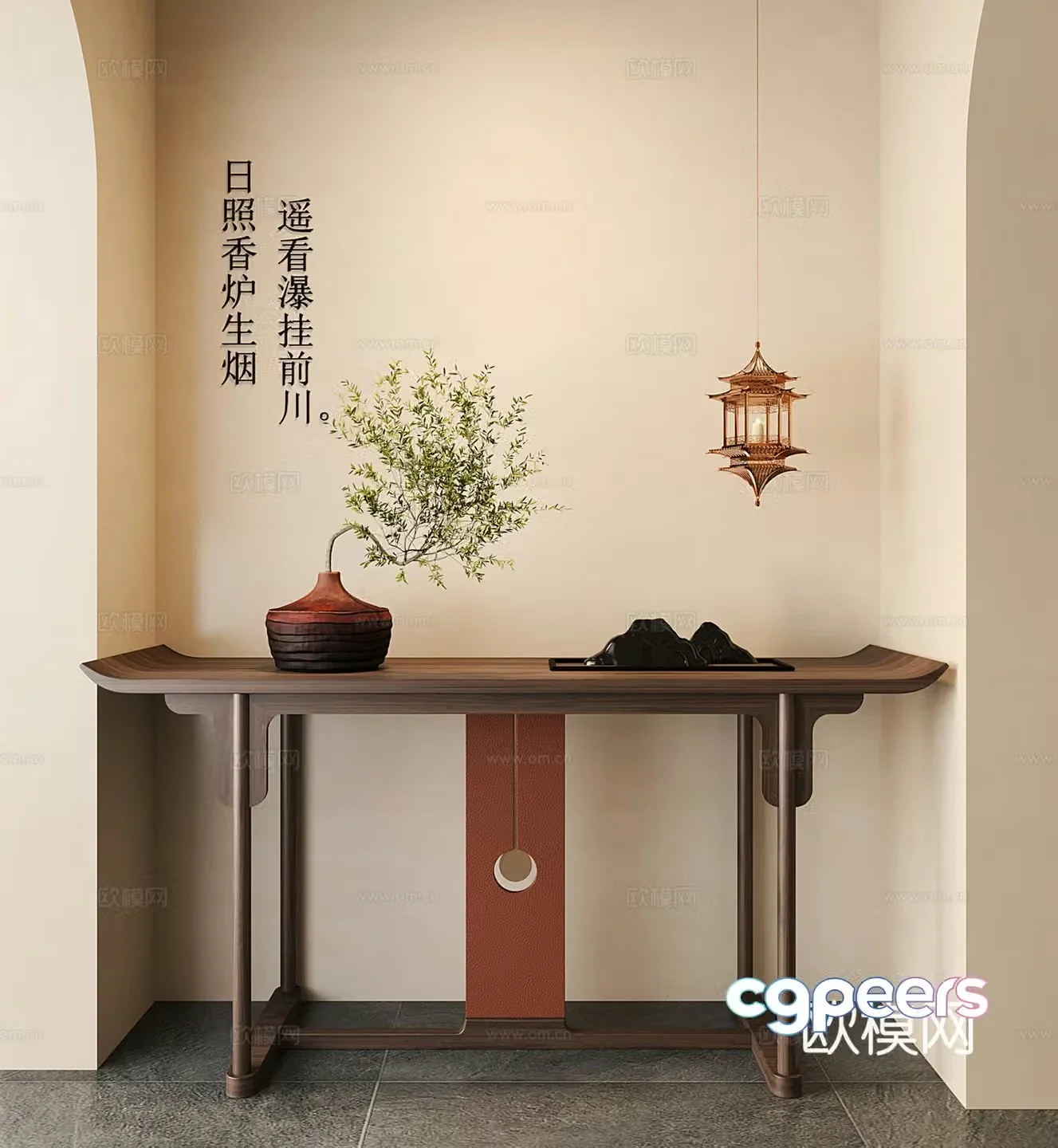 New Chinese style end viewing platform solid wood entrance hall Zen style table altar 3D model
