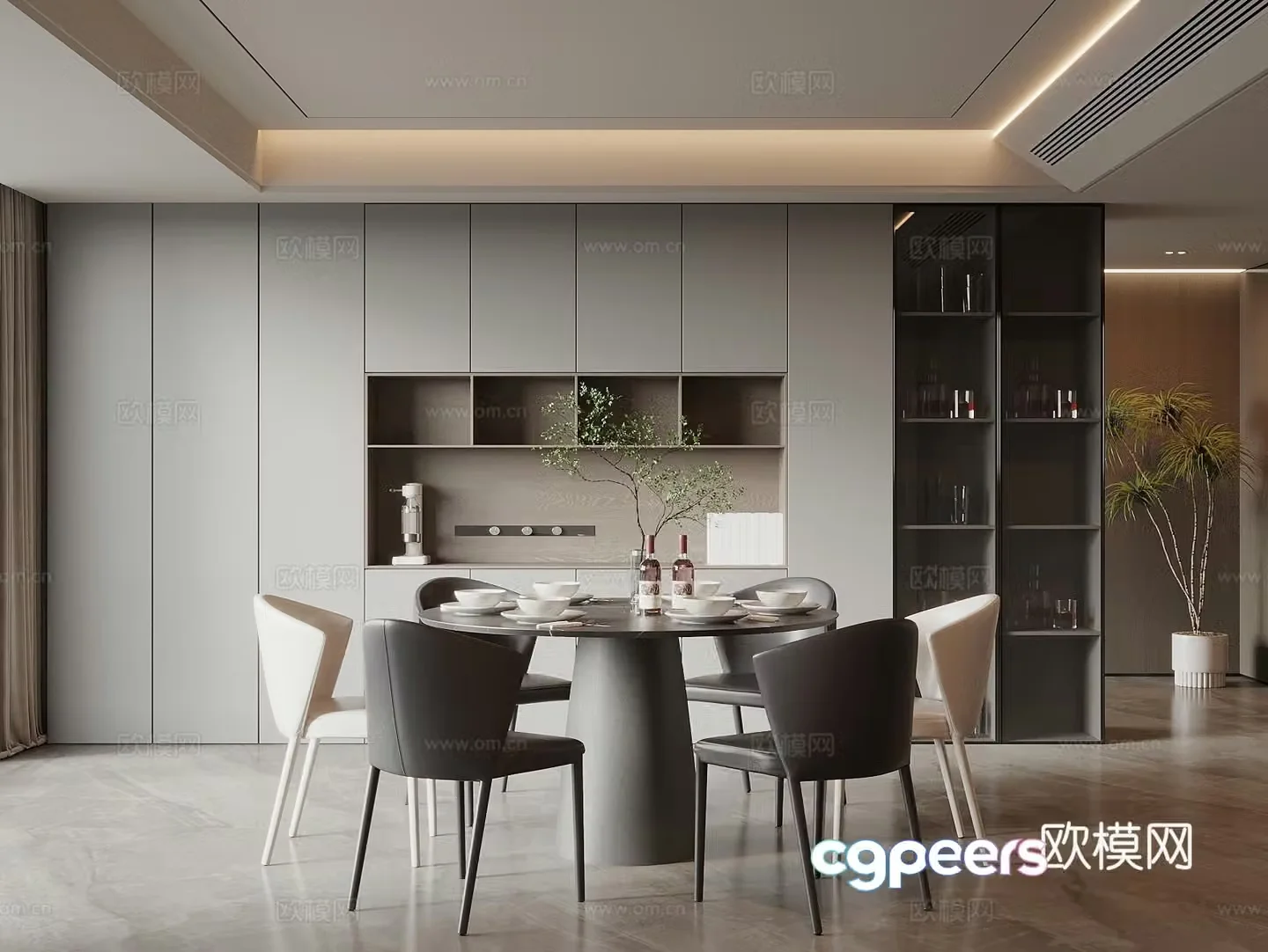 Modern cream style restaurant dining table and chair combination restaurant chandeliers wine cabinet sideboard 3D model