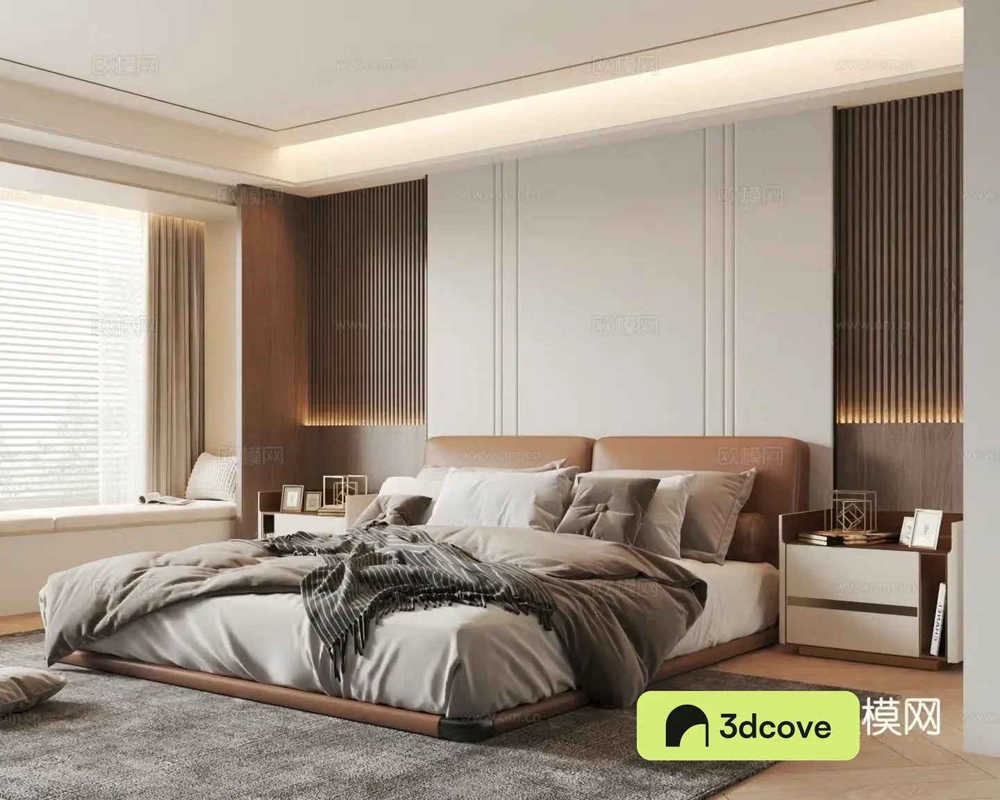 Modern creamy bedroom master light-free bedroom leather double bed master bedroom bay window bedroom bedside