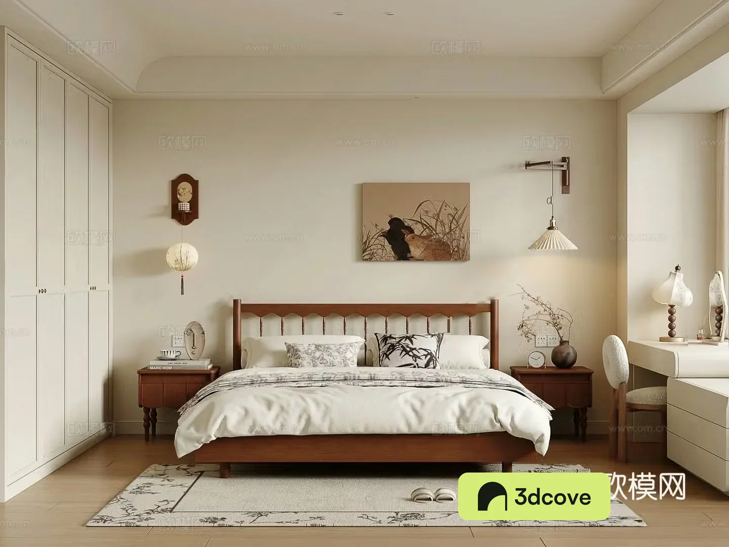 Middle-aged new Chinese style home bedroom solid wood double bed chandeliers nightstand dressing table 3D model