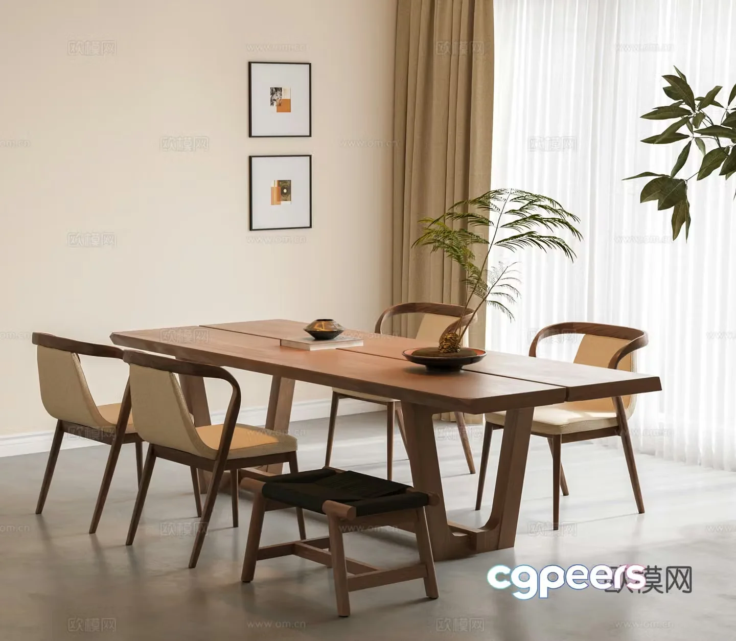 Modern dining table and chair combination solid wood log dining table and chair combination tea table and chair combination dining chair green plant 3d model