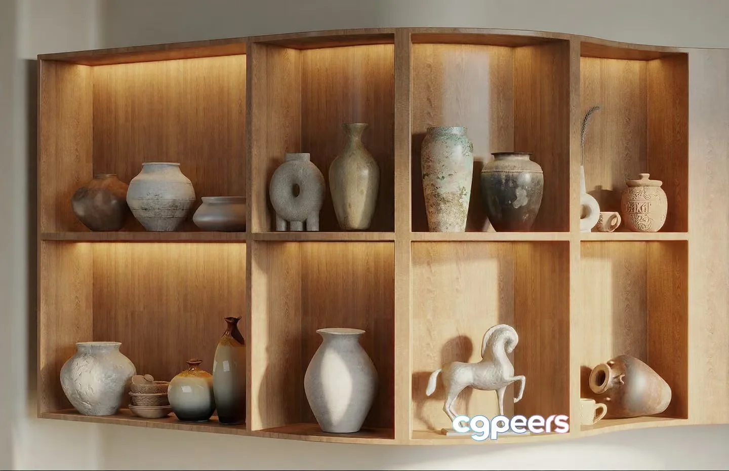 A Wooden Shelf With Various Vases And Decorative Items 3D Model – 14585 – VRAY Render