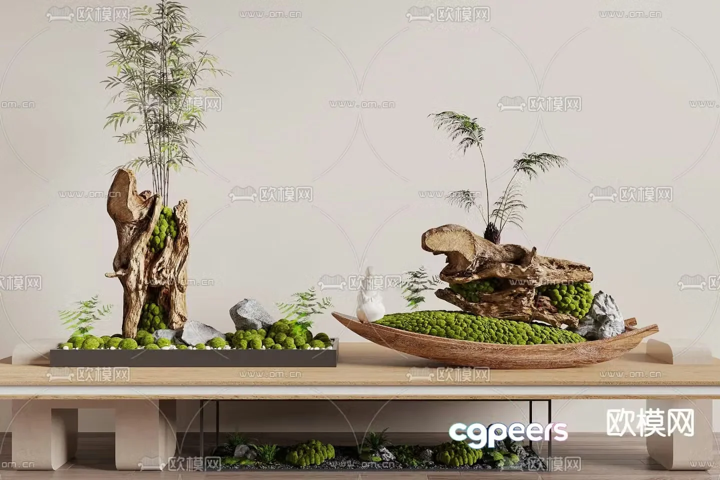 Dead wood and green plant ornaments moss and green plants landscape sketch 3D model