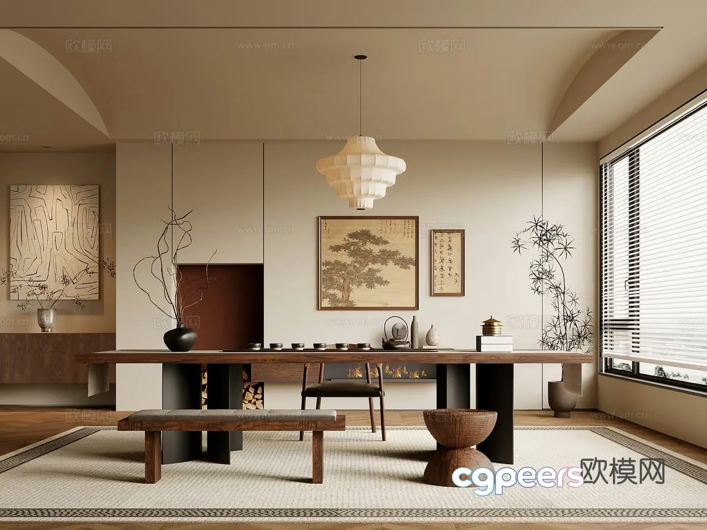 Middle-aged tea room tea table and chair tea set 3D model