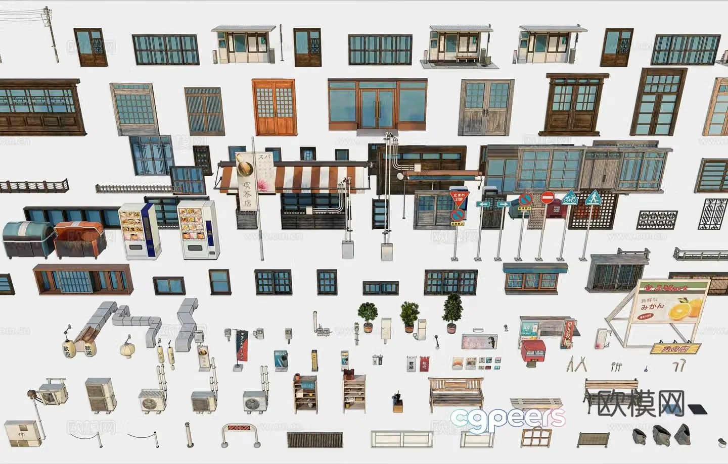 Japanese building accessories Japanese community sketches Windows air conditioning outdoor accessories Green plant door view 3D model