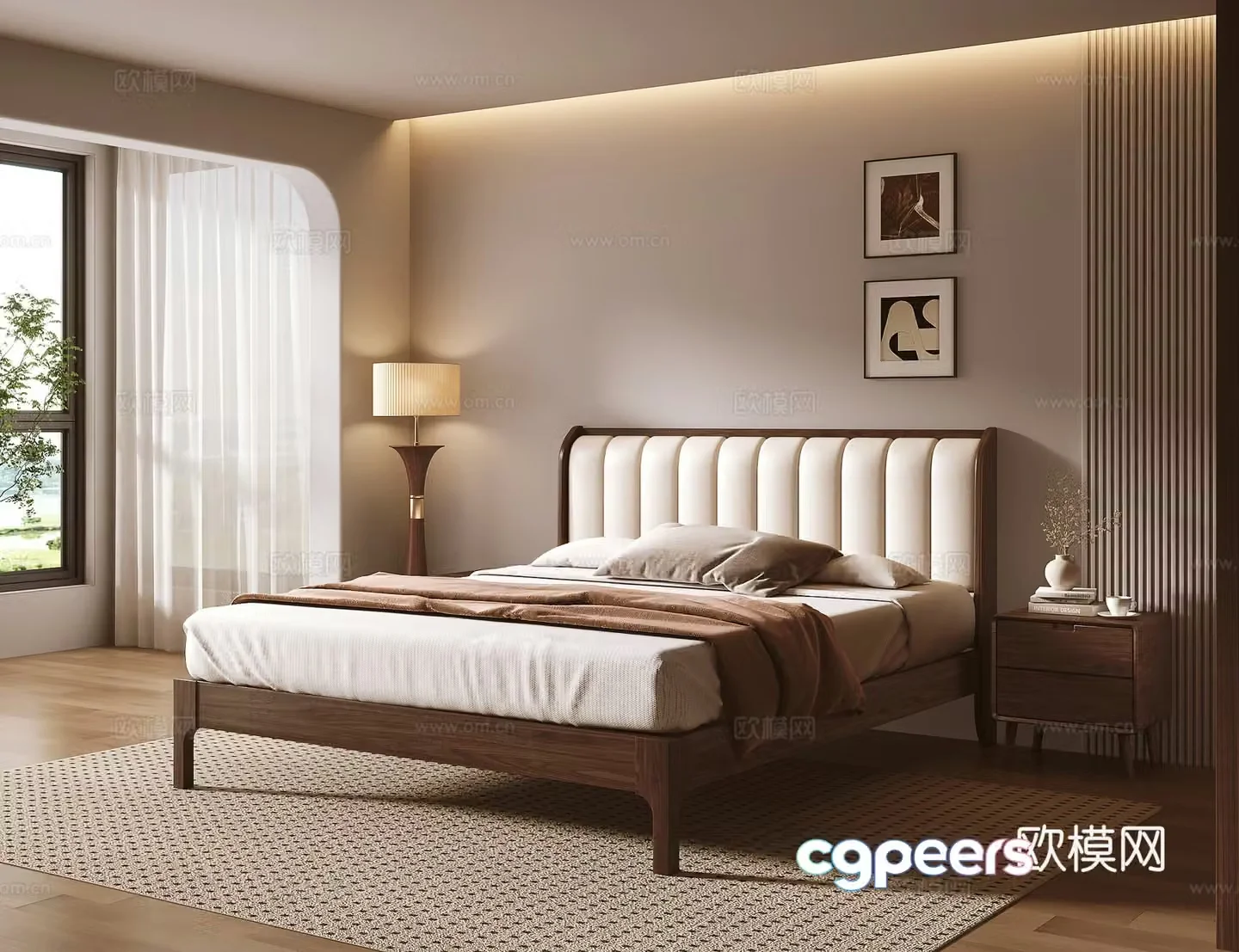Medium style soft pack solid wood double bed 3D model