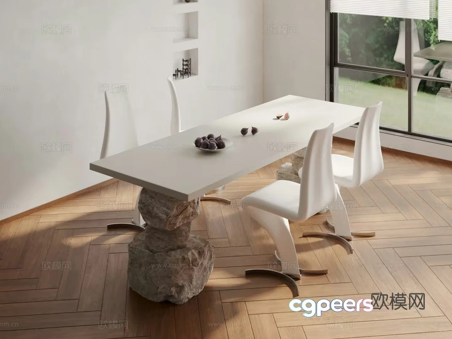 Modern rock dining table and chairs 3d model
