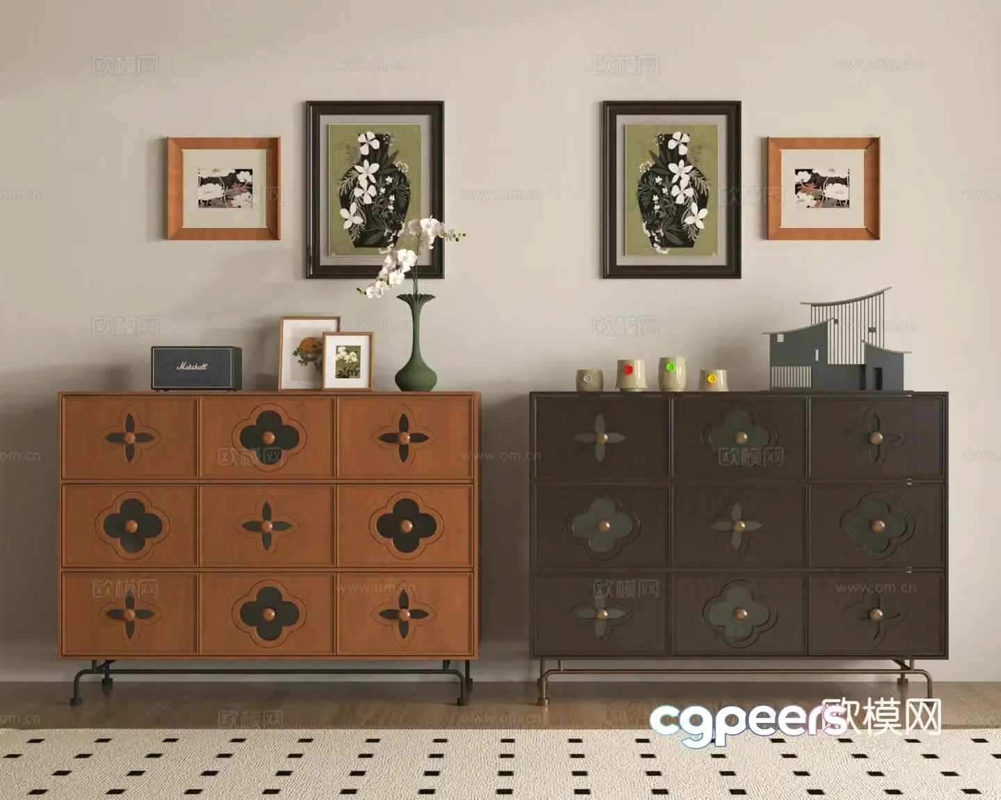 Side cabinet chest of drawers hanging paintings ornaments 3D model