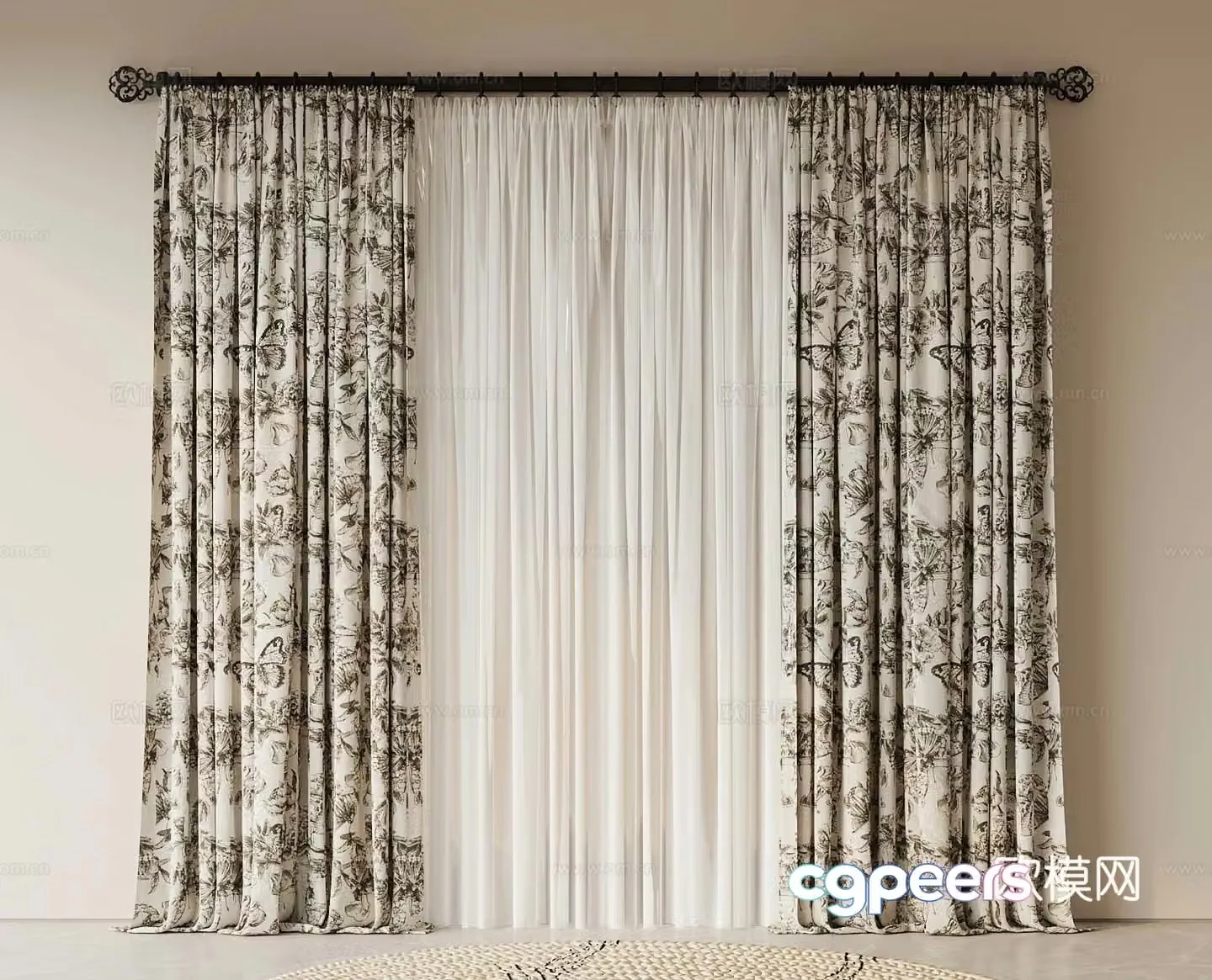 French retro curtain floral curtain 3d model