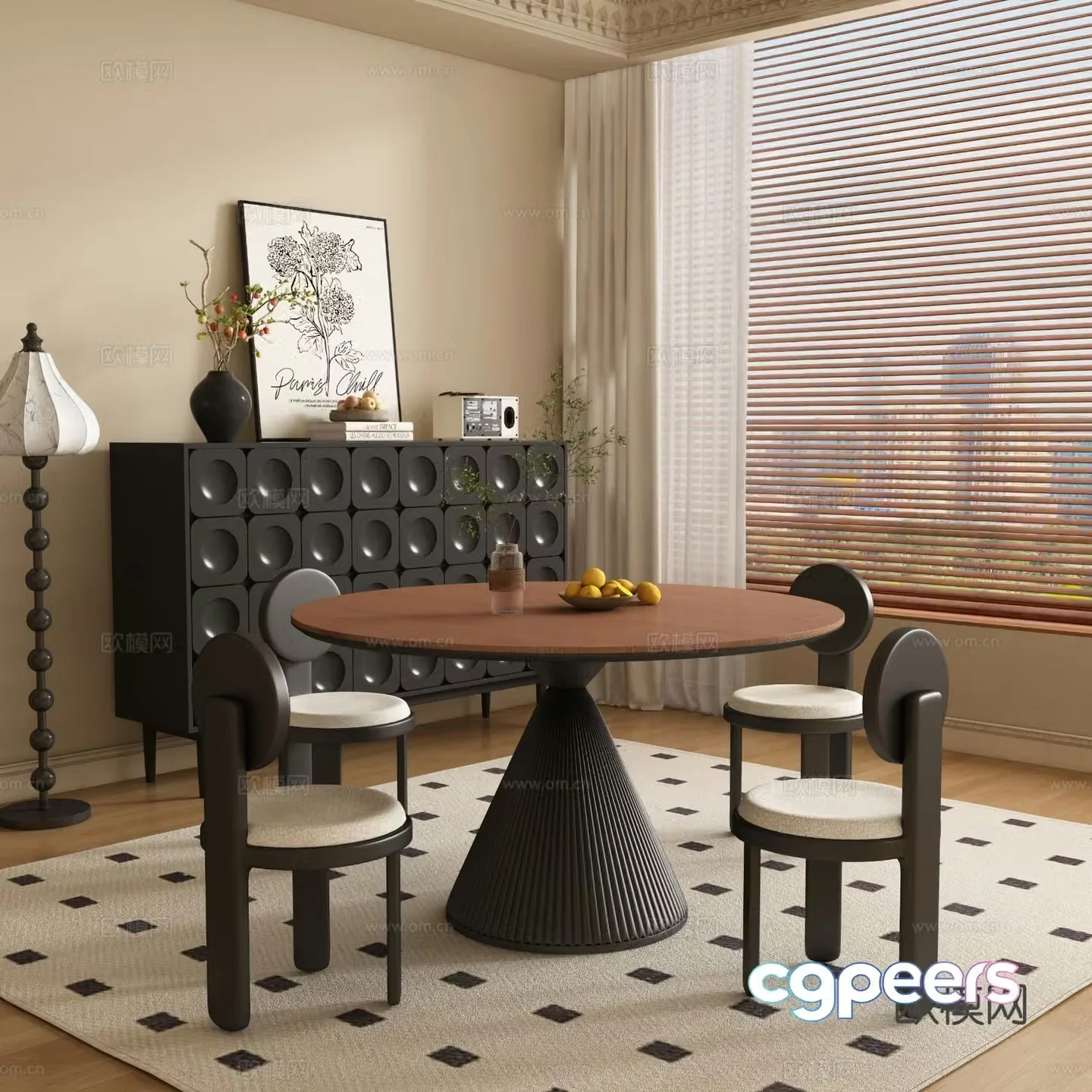 Medieval style round dining table and chairs 3D model