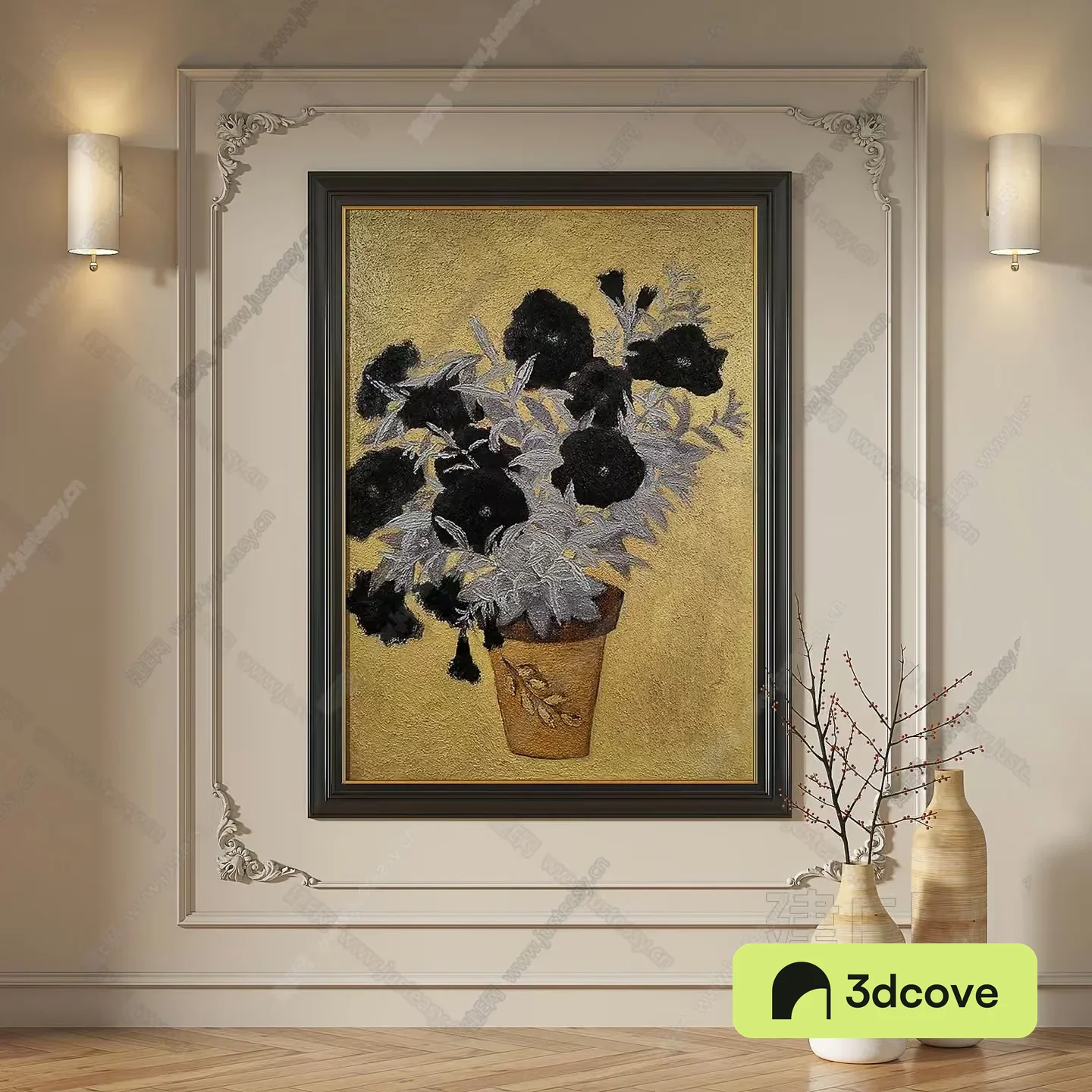 A Framed Floral Painting In A Modern Room