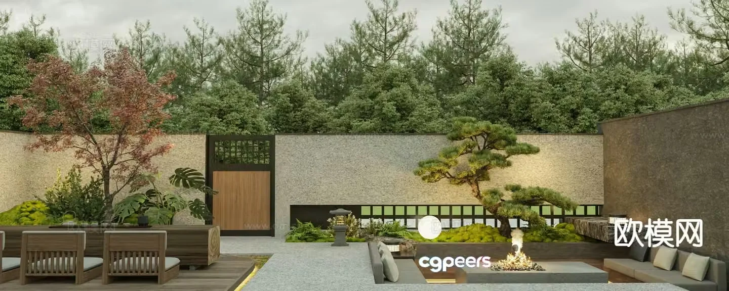 New Chinese-style villa courtyard sunken deck garden 3D model